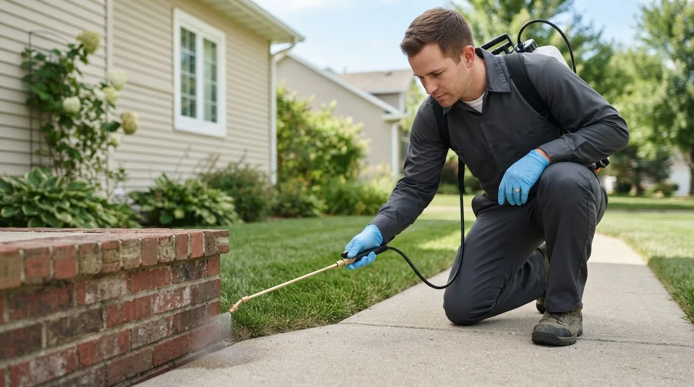 Pest control technician treating a home near Collins, OH