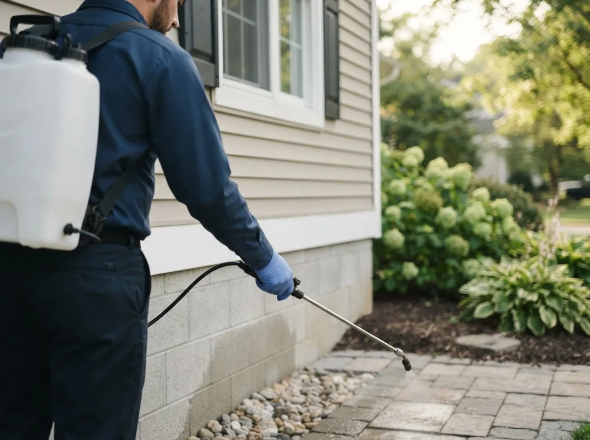 Pest control technician inspecting a home in Collins, OH